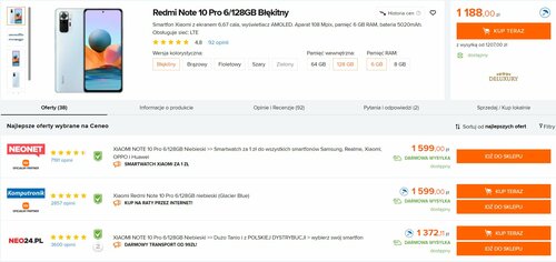 Redmi Note 10 Pro w polskiej sprzedaży/ Dane Ceneo