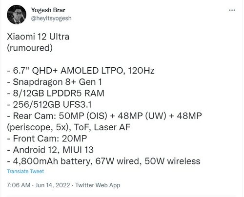 specyfikacja Xiaomi 12 Ultra