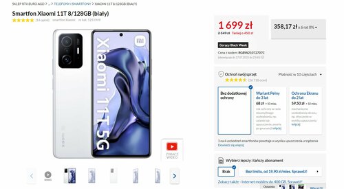 Cena Xiaomi 11T 8/128 GB w RTV Euro AGD