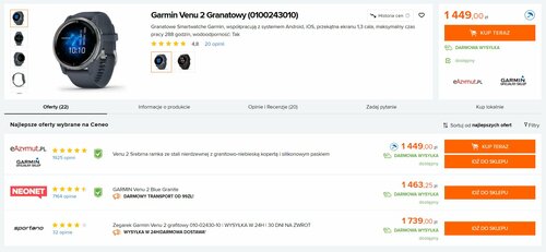 Garmin Venu 2 w polskiej sprzedaży/ Dane Ceneo