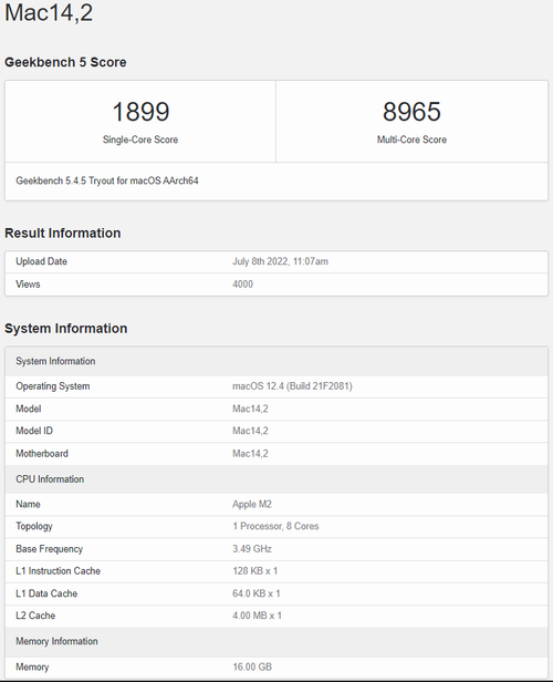 MacBook Air 2022 z M2 GeekBench