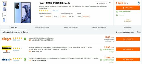 Xiaomi 11T w polskiej sprzedaży/ Dane Ceneo