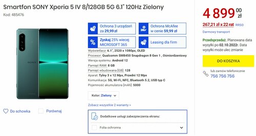 Sony Xperia 5 IV cena przedsprzedaż w Polsce Media Expert
