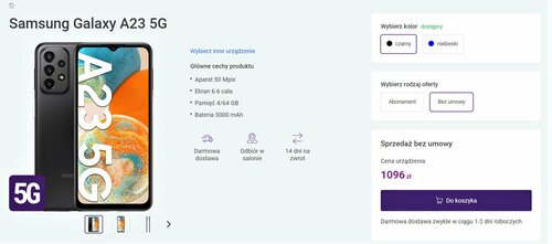 Samsung Galaxy A23 5G promocyjna cena w sklepie Play bez umowy