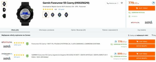 Garmin Forerunner 55 w polskiej sprzedaży/ Dane Ceneo
