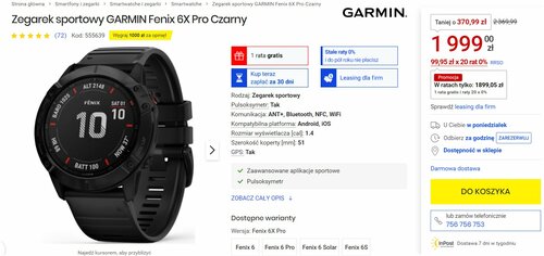 Zegarek sportowy GARMIN Fenix 6X Pro Czarny Promocja cena Media Expert