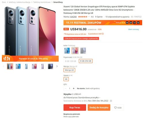 Xiaomi 12X 8/256 GB promocja cena 