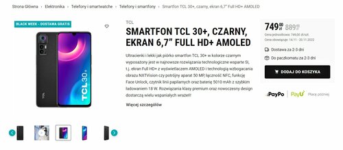 SMARTFON TCL 30+, CZARNY, EKRAN 6,7” FULL HD+ AMOLED Biedronka Black Friday 2022