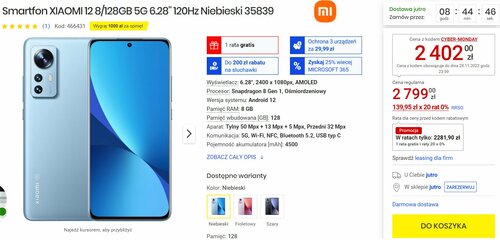 XIAOMI 12 8/128GB 5G 6.28" 120Hz Niebieski 35839 promocja cena Media Expert