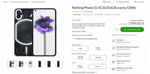 Nothing Phone (1) 5G 8/256GB czarny promocja cena x-kom