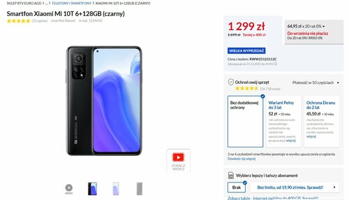 Smartfon Xiaomi Mi 10T 6+128GB (czarny) promocja cena 2022 RTV Euro AGD