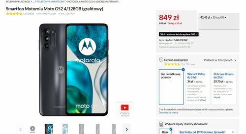 Smartfon Motorola Moto G52 4/128GB (grafitowy) promocja cena RTV Euro AGD