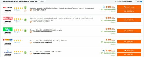 Samsung Galaxy S22 5G SM-S901 8/128GB Biały Ceneo