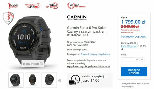Garmin Fenix 6 Pro Solar Czarny promocja cena