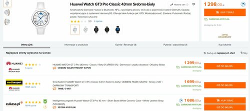 Huawei Watch GT 3 Pro w polskiej sprzedaży/ Dane Ceneo