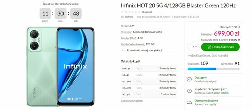 Infinix HOT 20 5G 4/128GB promocja cena x-kom