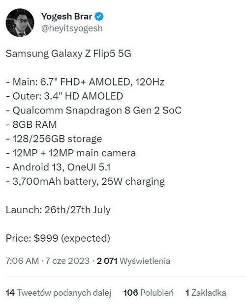 Wyciek specyfikacji Galaxy Z Flip 5