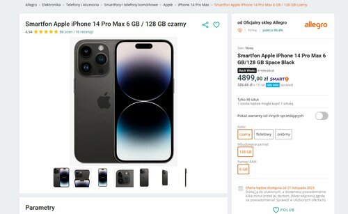 Apple iPhone 14 Pro Max 128 GB promocja Allegro Black Friday 2023