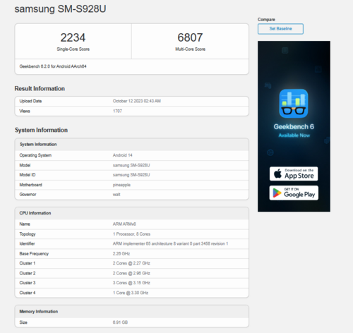 Samsung Galaxy S24 Ultra z 8 GB RAM w Geekbench