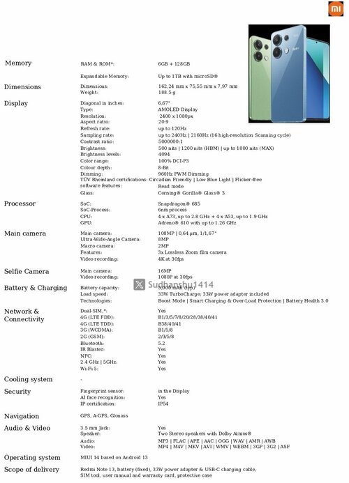 Specyfikacja Xiaomi Redmi Note 13 4G