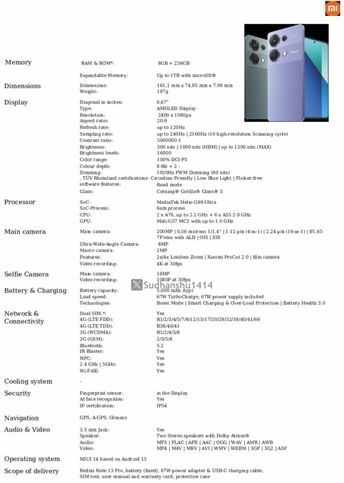 Specyfikacja Xiaomi Redmi Note 13 Pro 4G