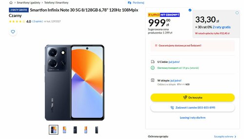 Smartfon Infinix Note 30 5G 8/128GB 6,78" 120Hz 108Mpix Czarny RTV EURO AGD