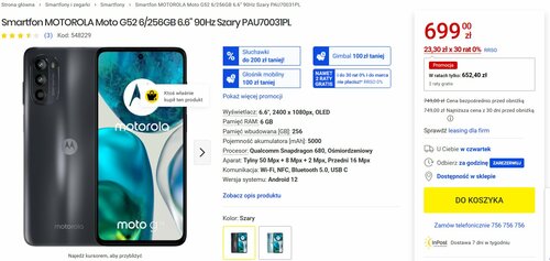 Motorola Moto G52 6/256 GB promocja Media Expert