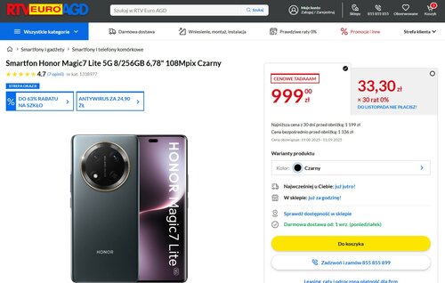 Honor Magic 7 Lite w promocji sklepu RTV EURO AGD