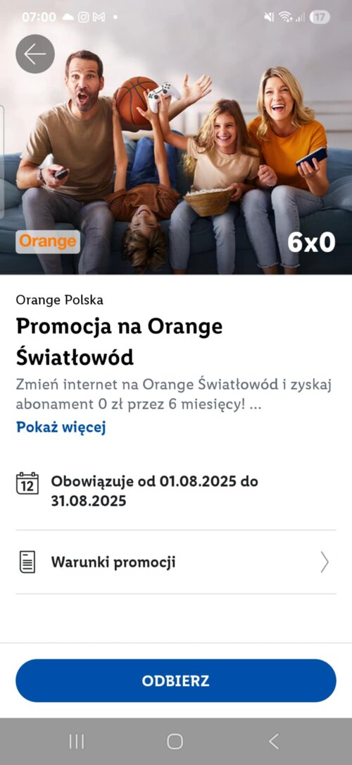 Kod rabatowy Orange 6x 0 zł w aplikacji Lidl