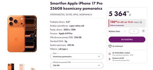 Apple iPhone 17 Pro 256 GB pomarańczowy promocja Vobis