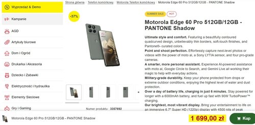 Motorola Edge 60 Pro 12/512 GB w cenie 1699 złotych to wybór, który gorąco polecam
