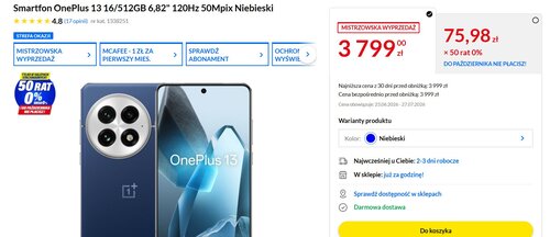 OnePlus 13 16/512 GB w RTV EURO AGD kosztuje 3799 zł