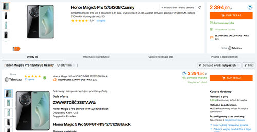 Polskie ceny Honora Magic 5 Pro 12/512 GB