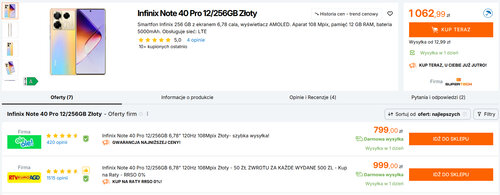 Polskie ceny Infinixa Note 40 Pro 12/256 GB