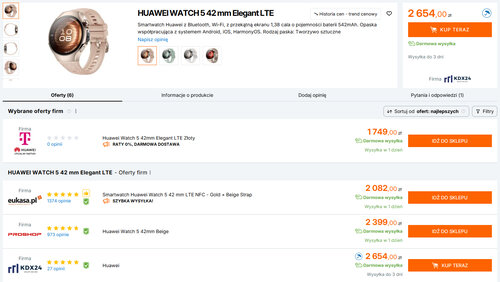 Polskie ceny Huaweia Watch 5 42 mm Elegant