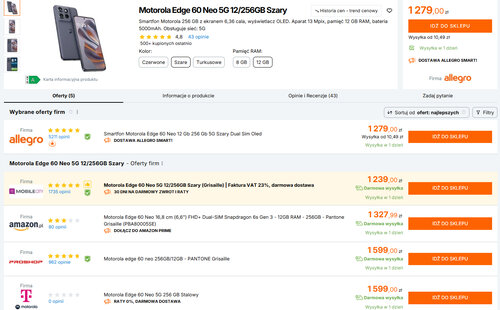 Polskie ceny Motoroli Edge 60 Neo 12/256 GB