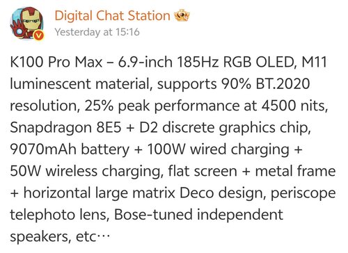 Redmi K100 Pro Max pełna specyfikacja