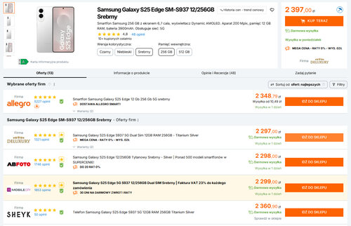 Polskie ceny Samsunga Galaxy S25 Edge 12/256 GB