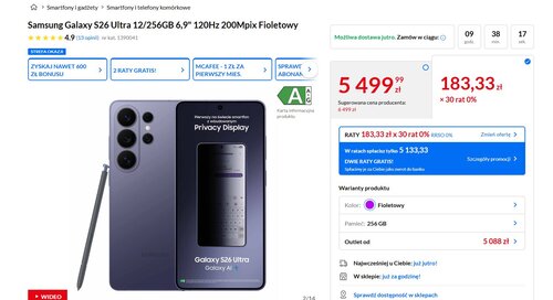 Samsung Galaxy S26 Ultra w nowej promocji - niższa cena i raty 0%, w tym dwie gratis