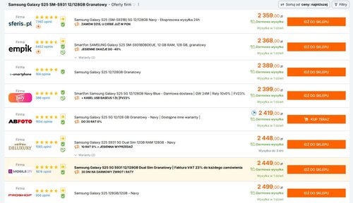 Samsung Galaxy S25 - aktualne ceny w sklepach na podstawie Ceneo