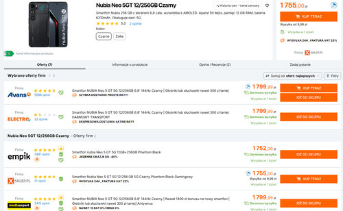 Polskie ceny Nubii Neo 5 GT 12/256 GB
